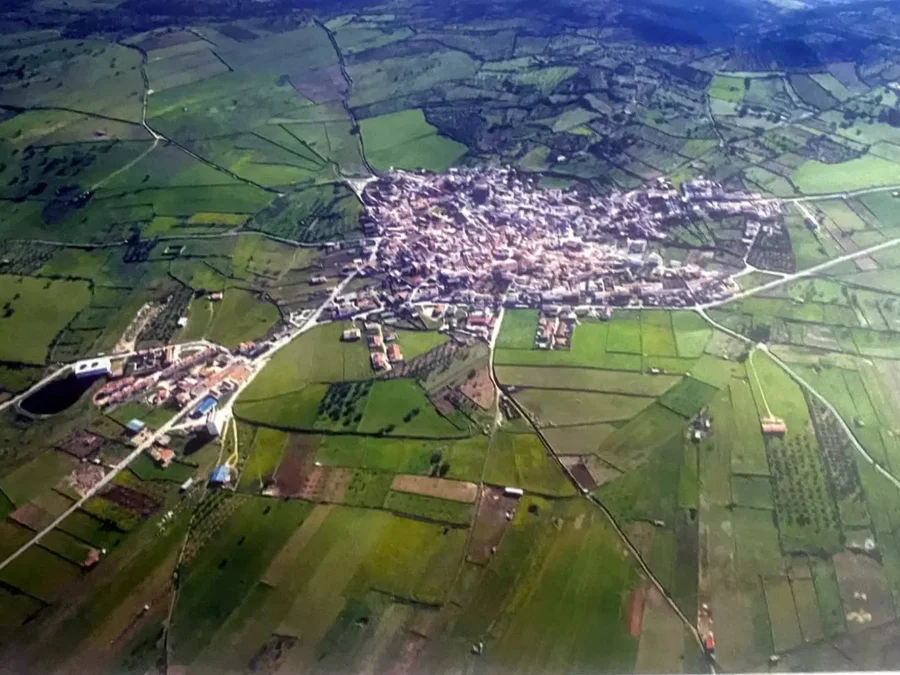 Vista aérea cenital del casco urbano de Ibahernando, compacto, del que parten caminos entre parcelas verdes.
